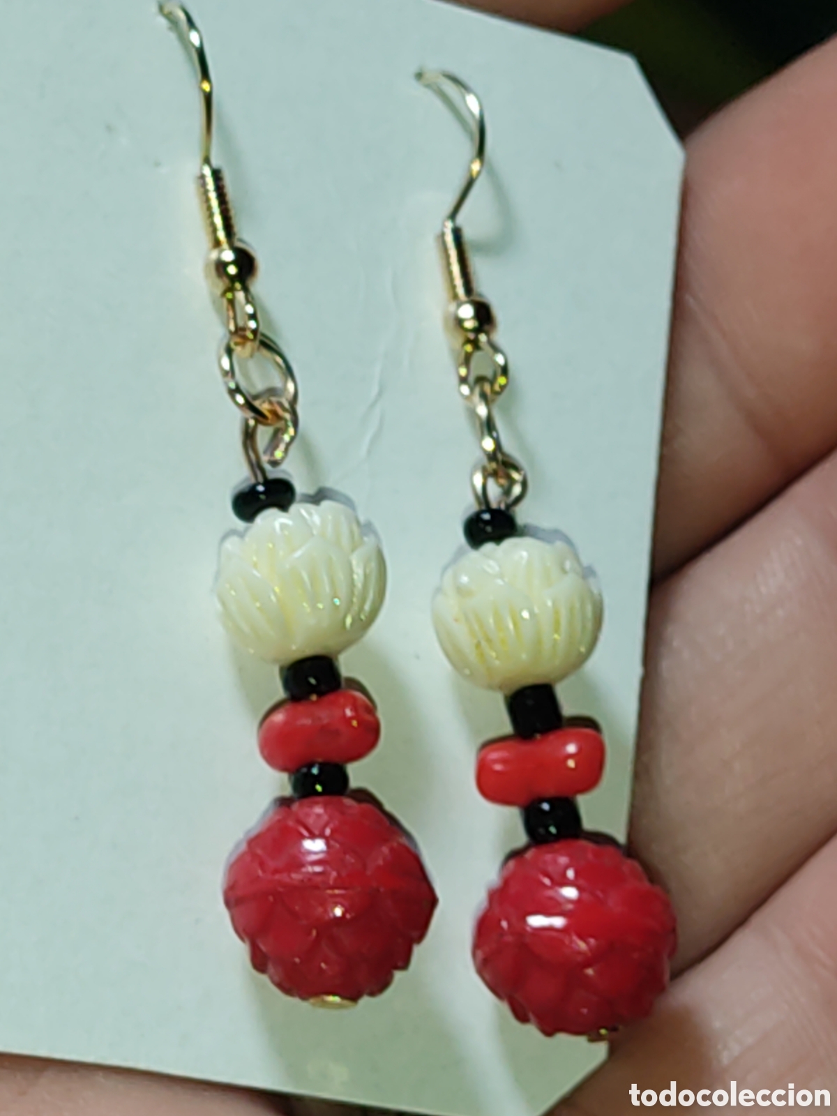 Joyeria: Pendientes de opalina roja y cinabrio flor del loto.Vintage. - Foto 6