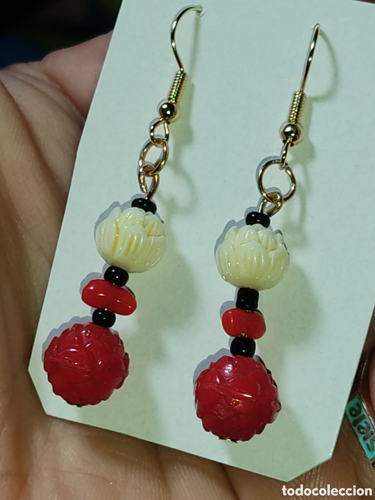 Joyeria: Pendientes de opalina roja y cinabrio flor del loto.Vintage. - Foto 7