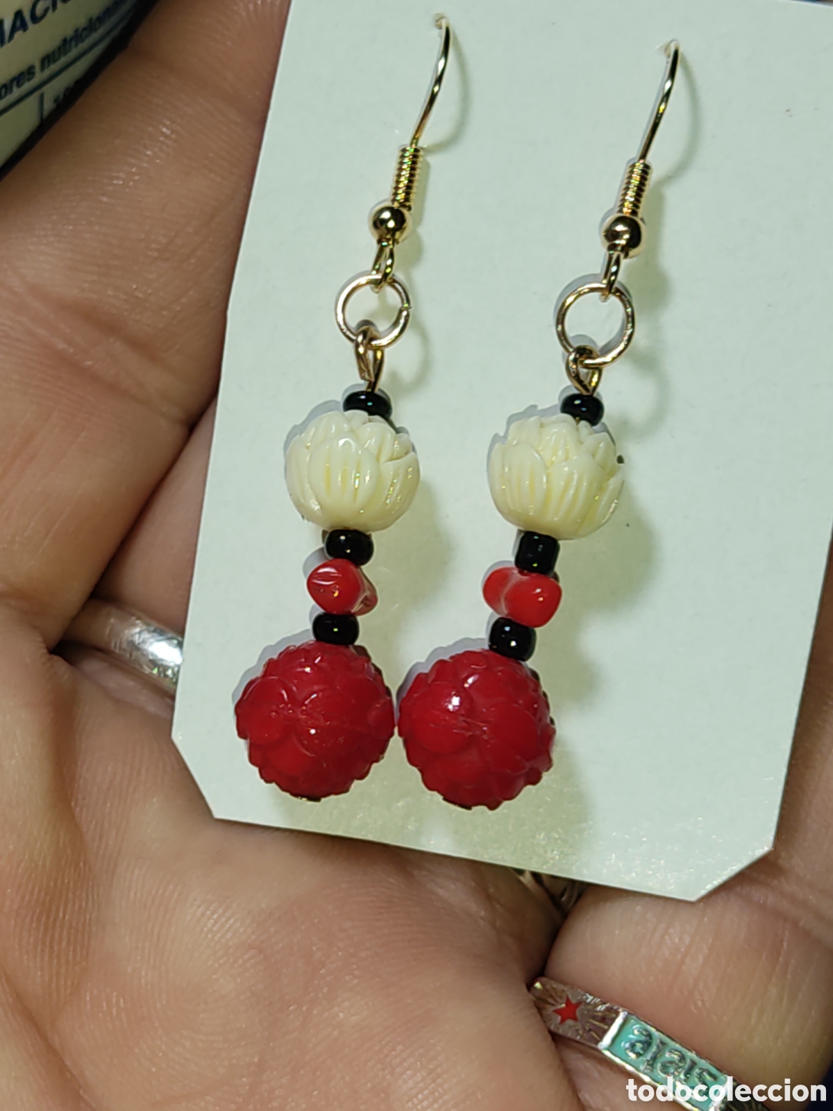 Joyeria: Pendientes de opalina roja y cinabrio flor del loto.Vintage. - Foto 1