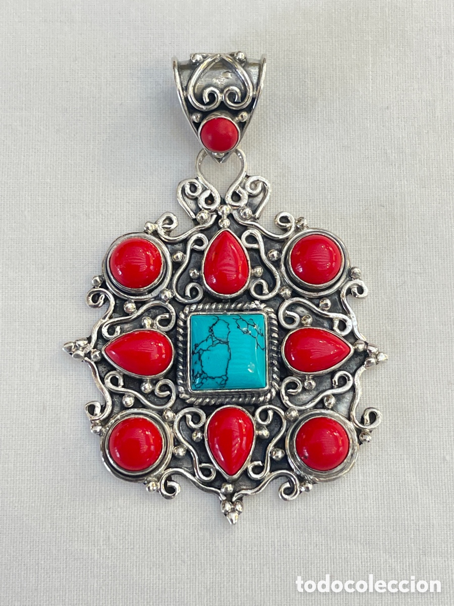 Joyeria: Colgante de plata,coral y turquesa. - Foto 2