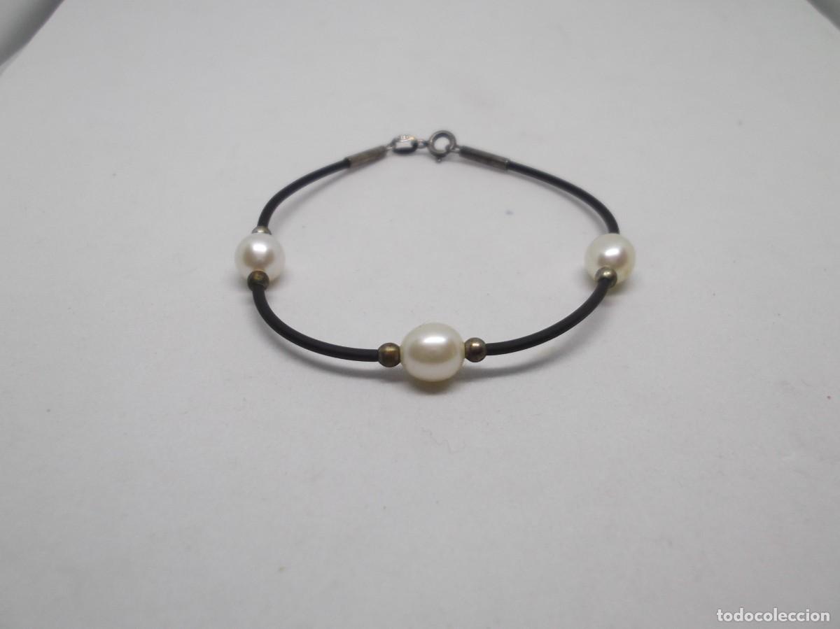 Joyeria: Pulsera de caucho,perlas y plata. - Foto 1
