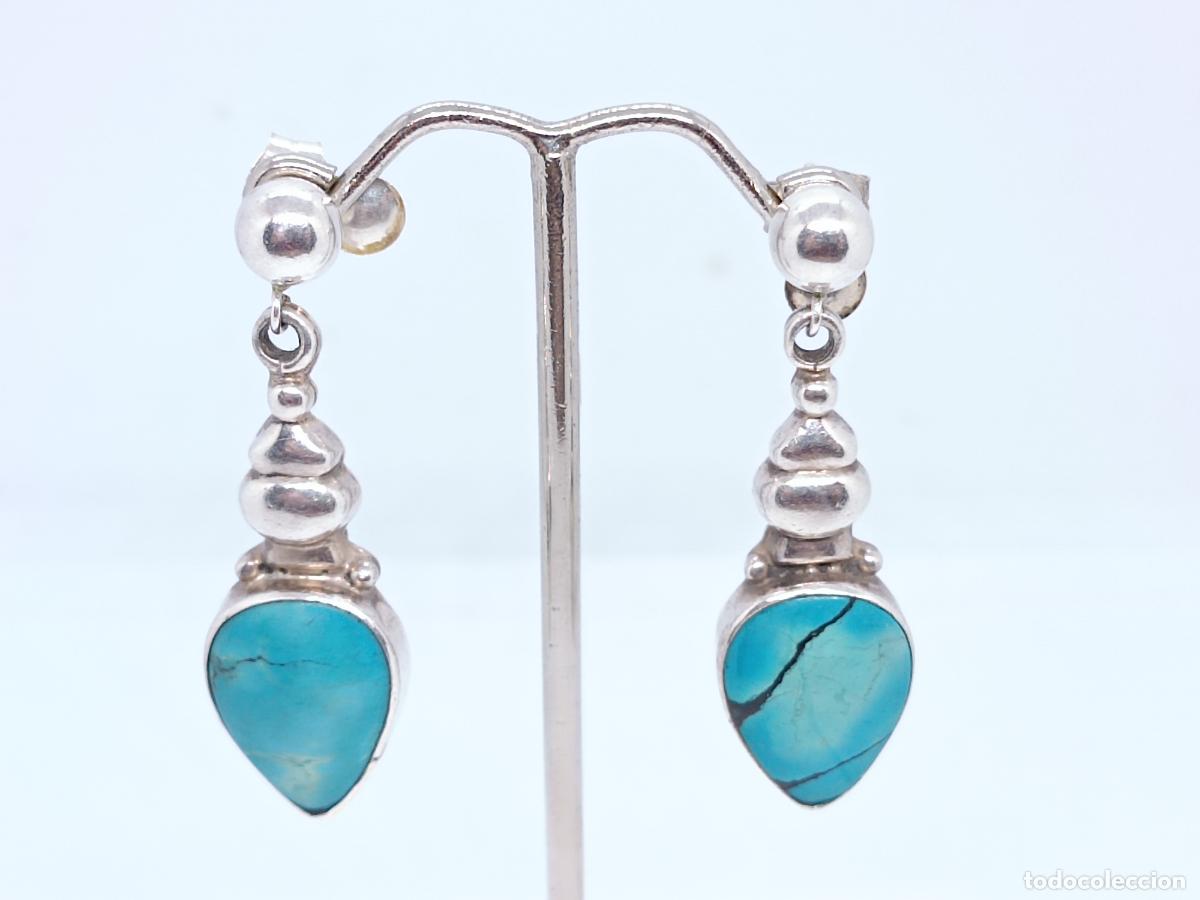 Joyeria: Preciosos pendientes de lujo en plata de ley contrastada con turquesas - Foto 2