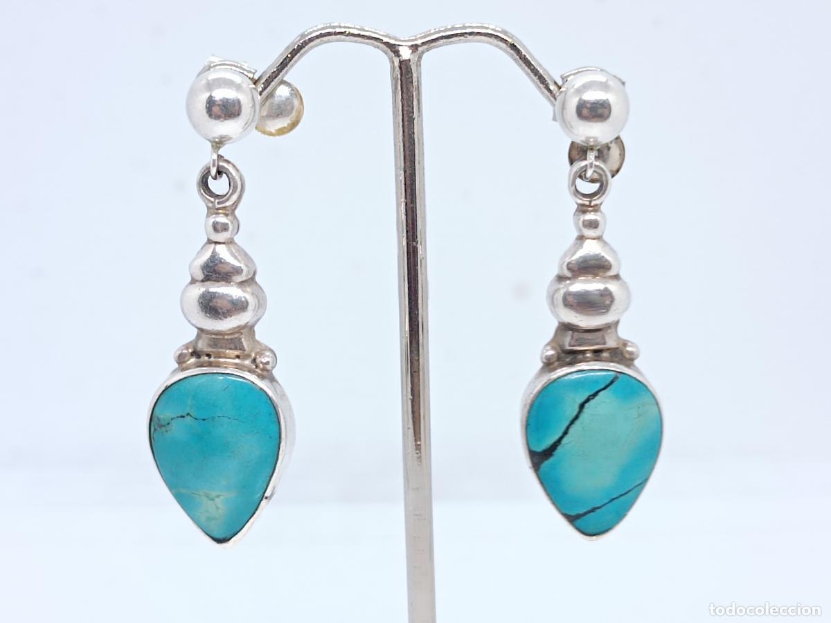 Joyeria: Preciosos pendientes de lujo en plata de ley contrastada con turquesas - Foto 1