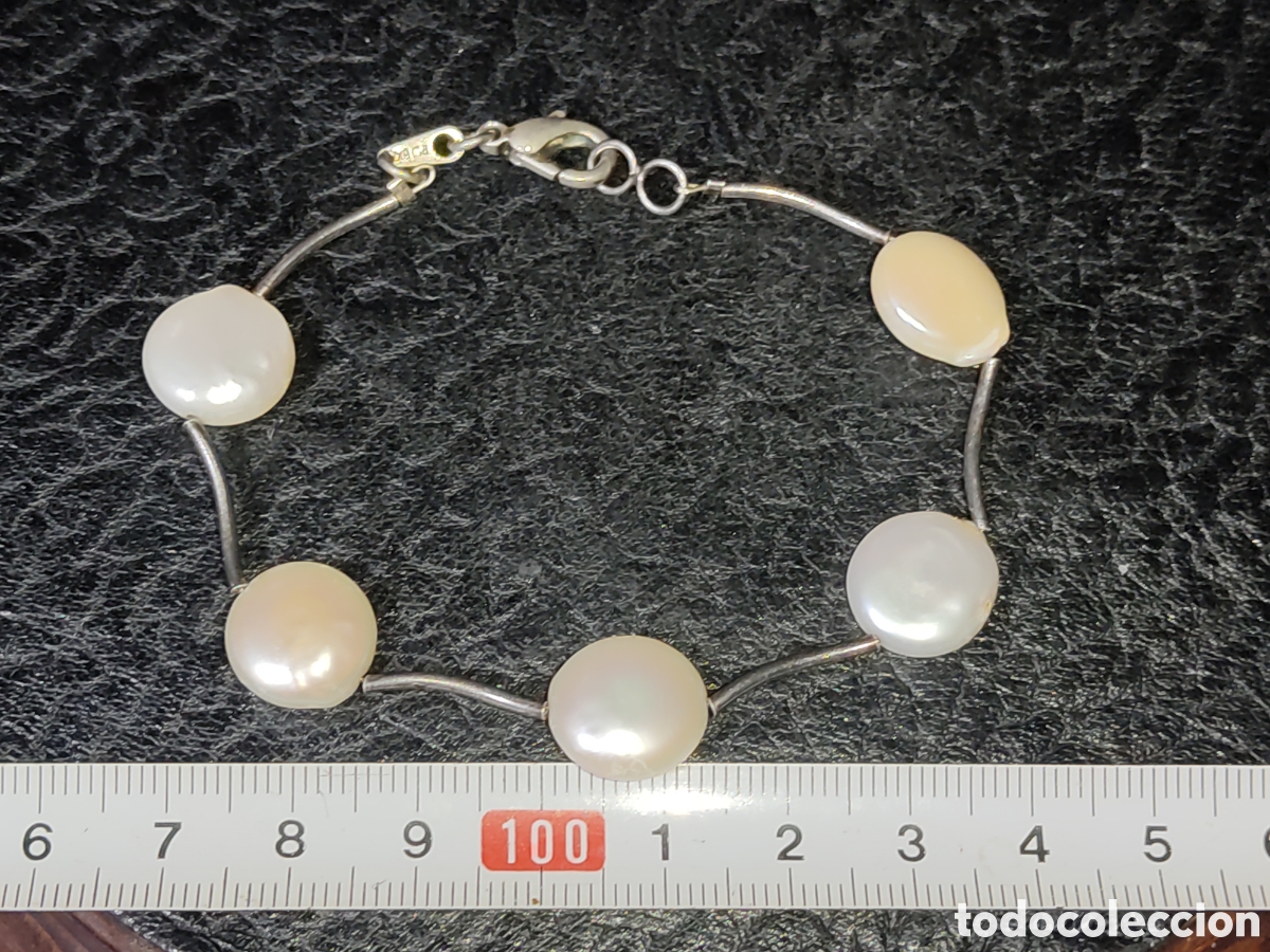 Joyeria: Pulsera de perlas planas y plata 925.Vintage. - Foto 2