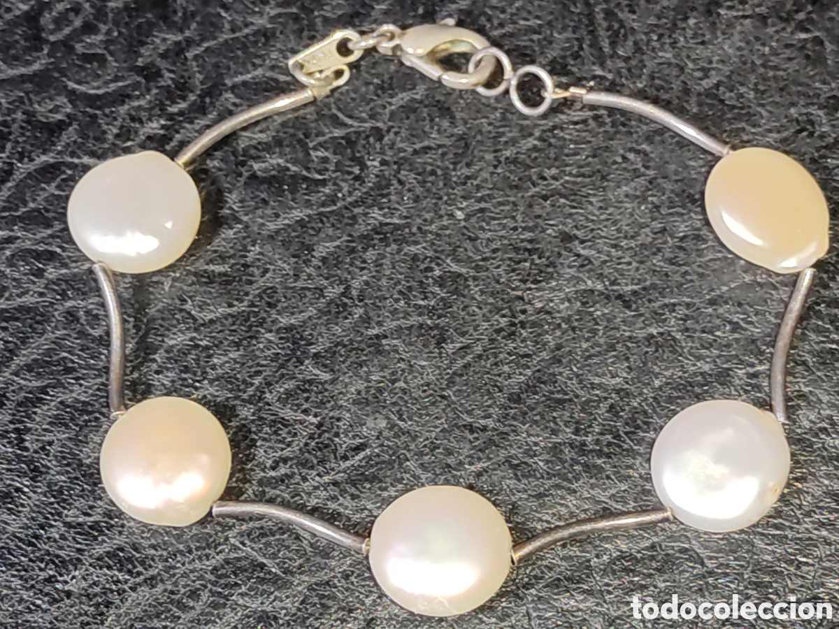 Joyeria: Pulsera de perlas planas y plata 925.Vintage. - Foto 3