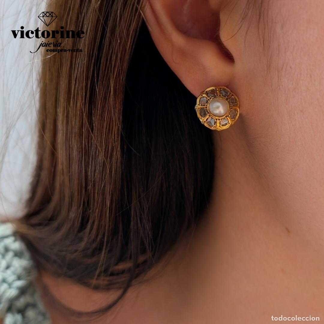 Joyeria: Pendientes antiguos de oro 18k, diamantes y perlas - Foto 1