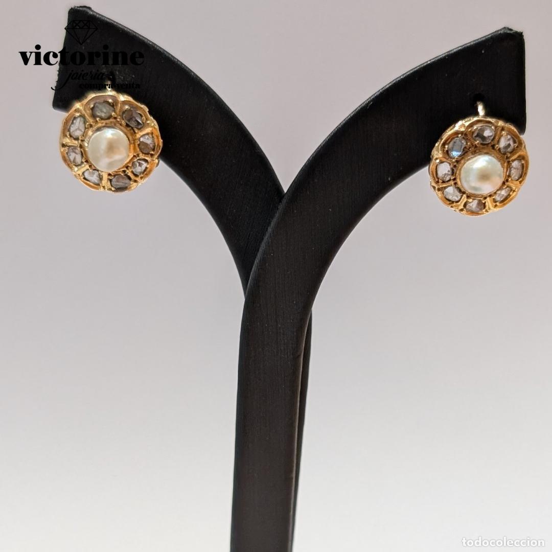 Joyeria: Pendientes antiguos de oro 18k, diamantes y perlas - Foto 2