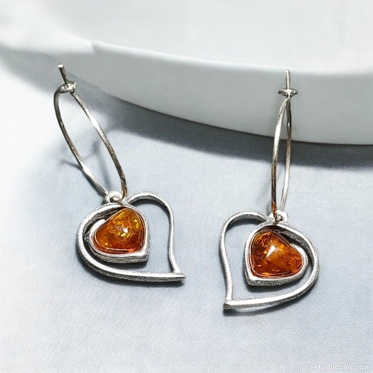 Joyeria: Par de Pendientes Corazones de &Aacute;mbar con Aro Plata - Foto 1