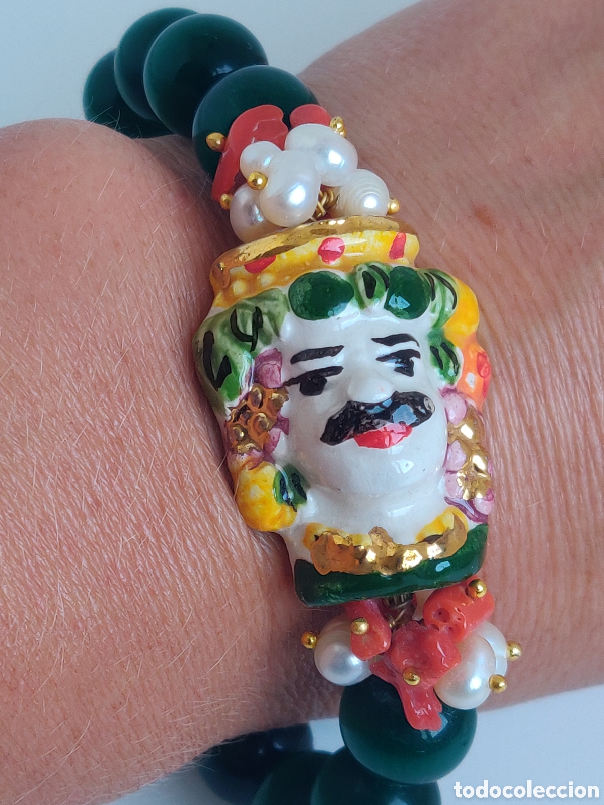 Joyeria: Pulsera vintage Filippo Cashfana de cer&aacute;mica, coral,perlas naturales y cuentas de Jade