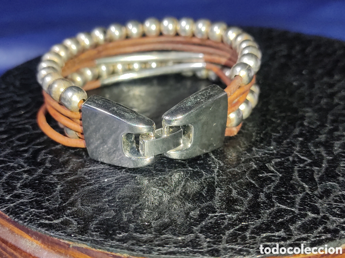 Joyeria: Pulsera plateada con bolas y cuero.Vintage. - Foto 3