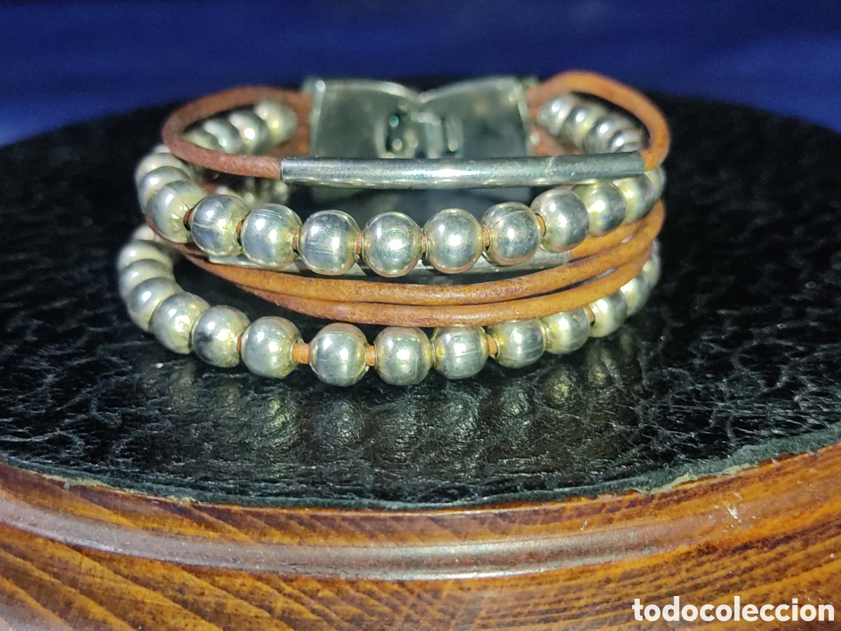 Joyeria: Pulsera plateada con bolas y cuero.Vintage. - Foto 4