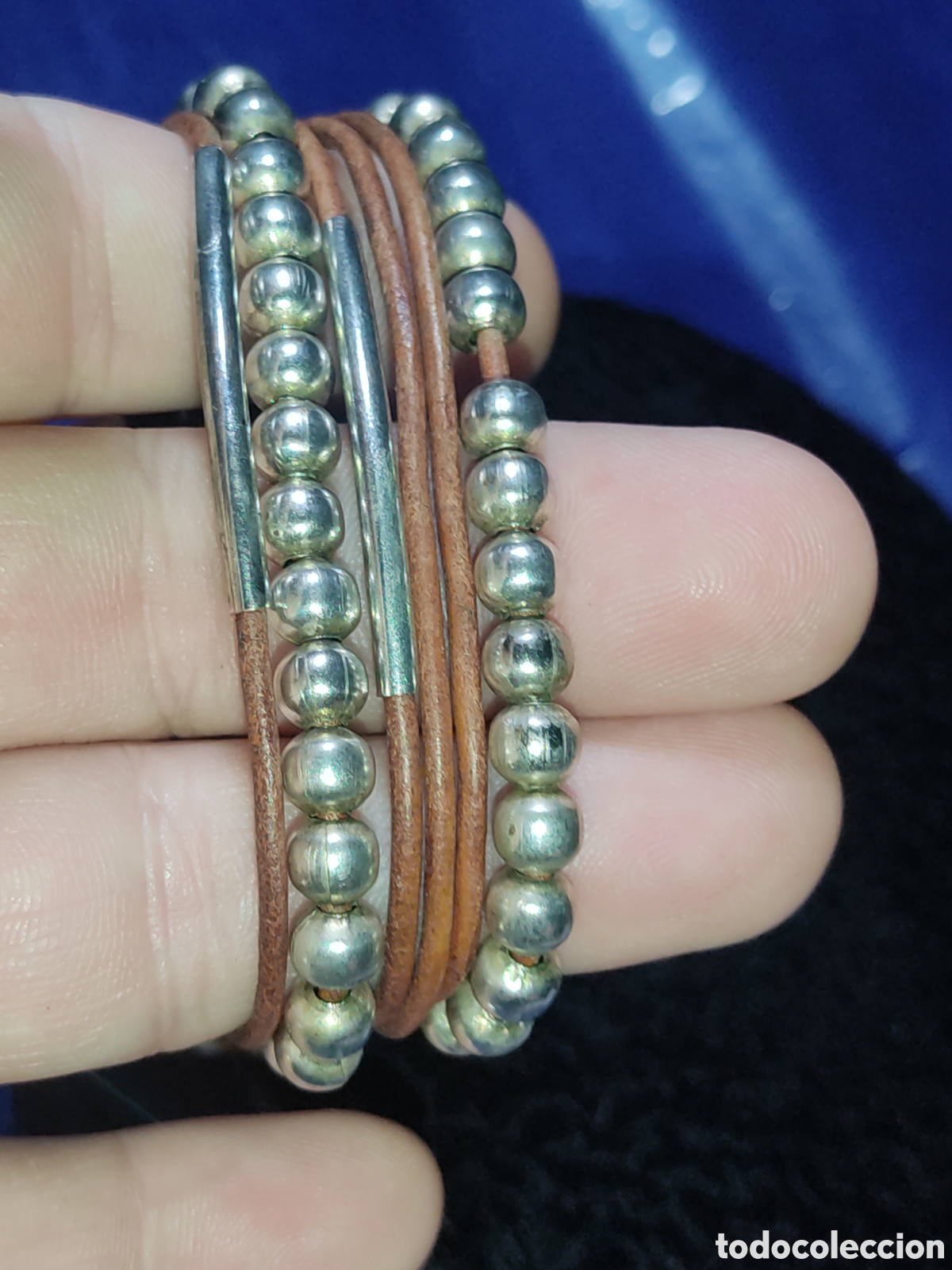 Joyeria: Pulsera plateada con bolas y cuero.Vintage. - Foto 5
