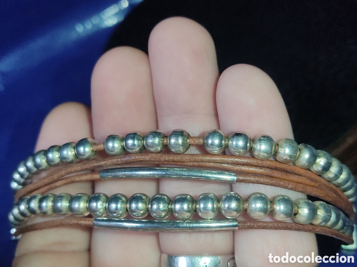 Joyeria: Pulsera plateada con bolas y cuero.Vintage. - Foto 1