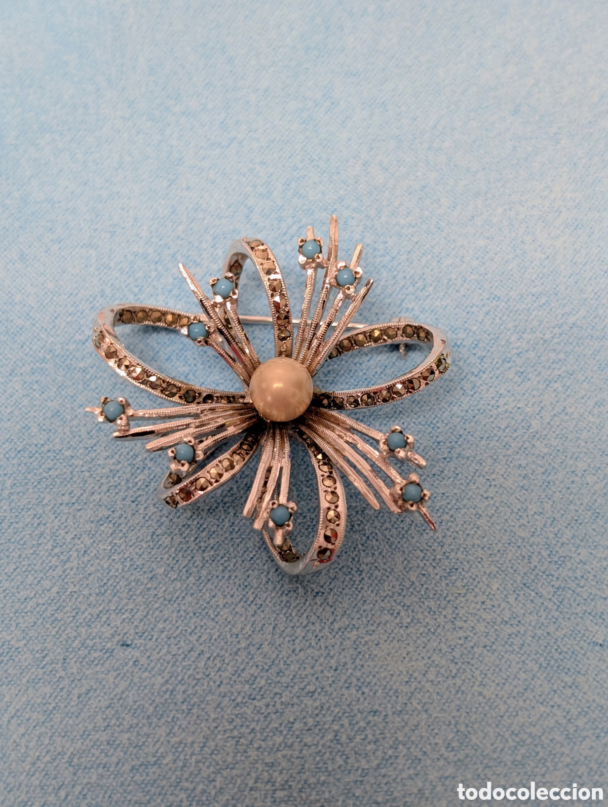 Joyeria: Broche antiguo de plata y turquesas - Foto 1
