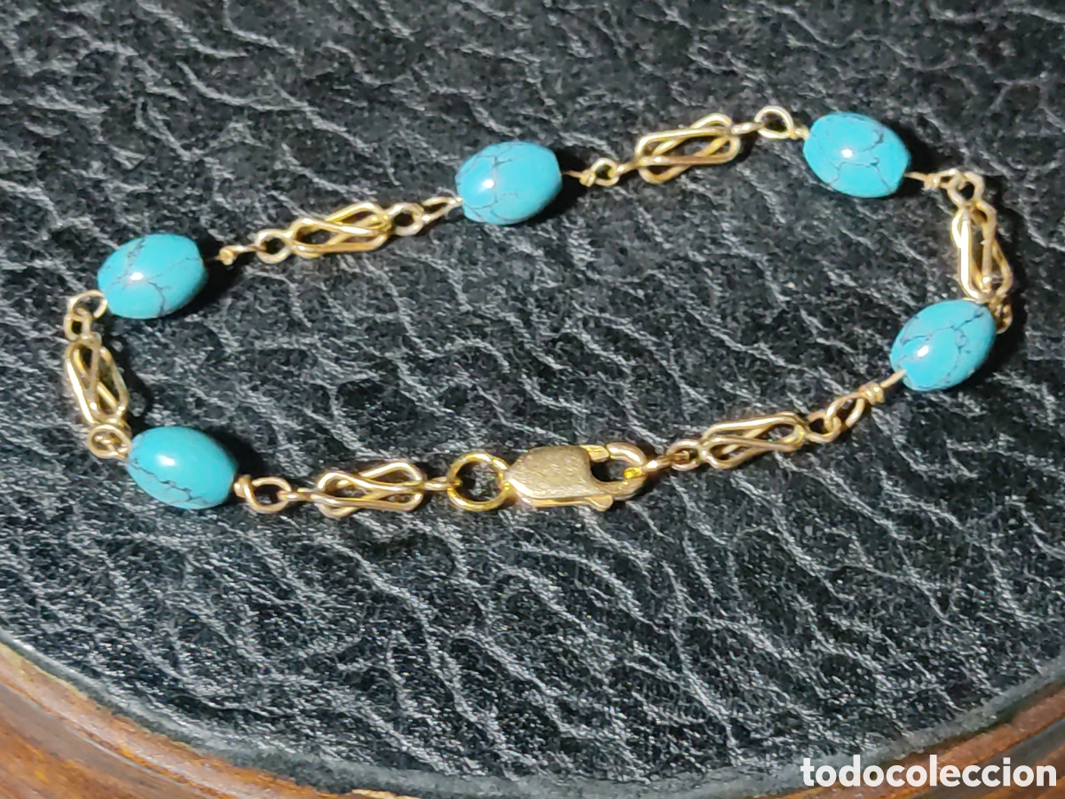 Joyeria: Pulsera de eslab&oacute;n de jaulas y turquesa.Vintage. - Foto 1
