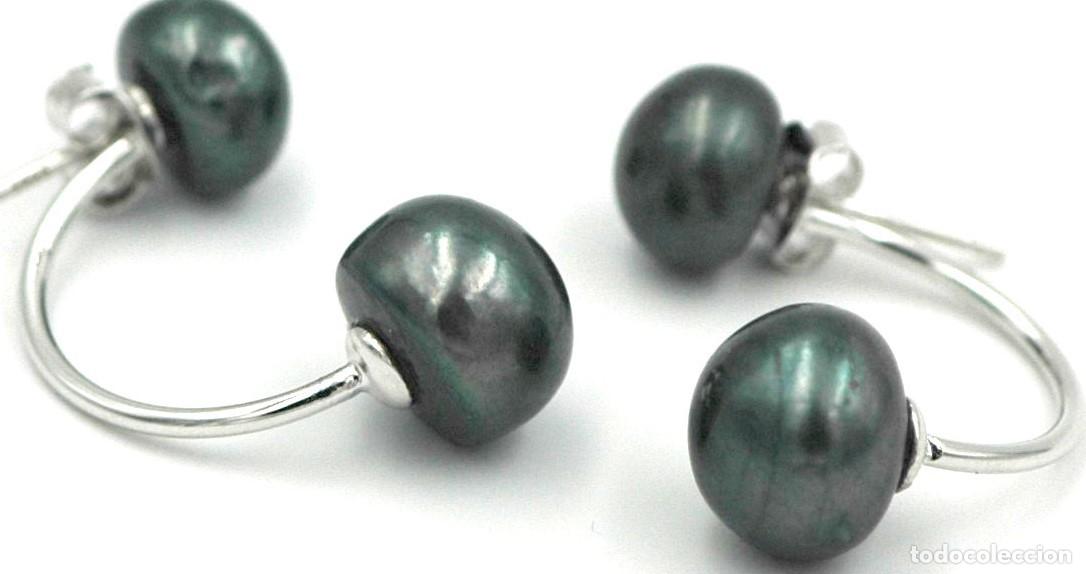 Joyeria: Pendientes de doble perla gris/verde, Plata Ley - Foto 2