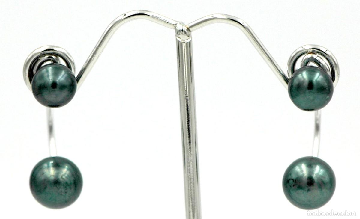 Joyeria: Pendientes de doble perla gris/verde, Plata Ley - Foto 3