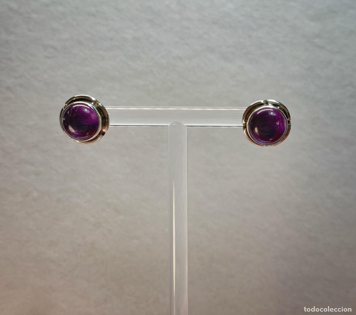 Joyeria: Pendientes peque&ntilde;os redondos de bot&oacute;n de amatista morada - Foto 4