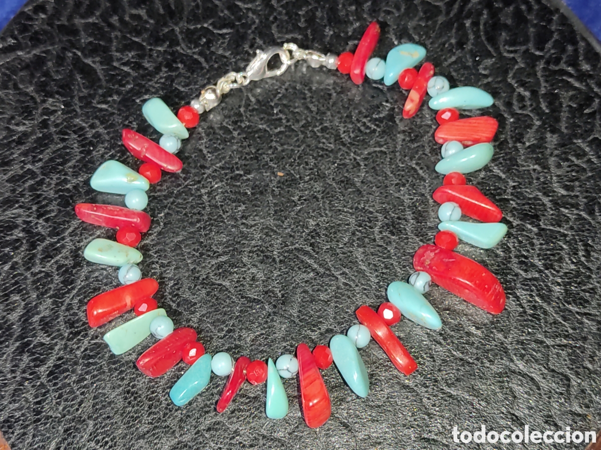 Joyeria: Pulsera de coral rojo y turquesa.Vintage. - Foto 2
