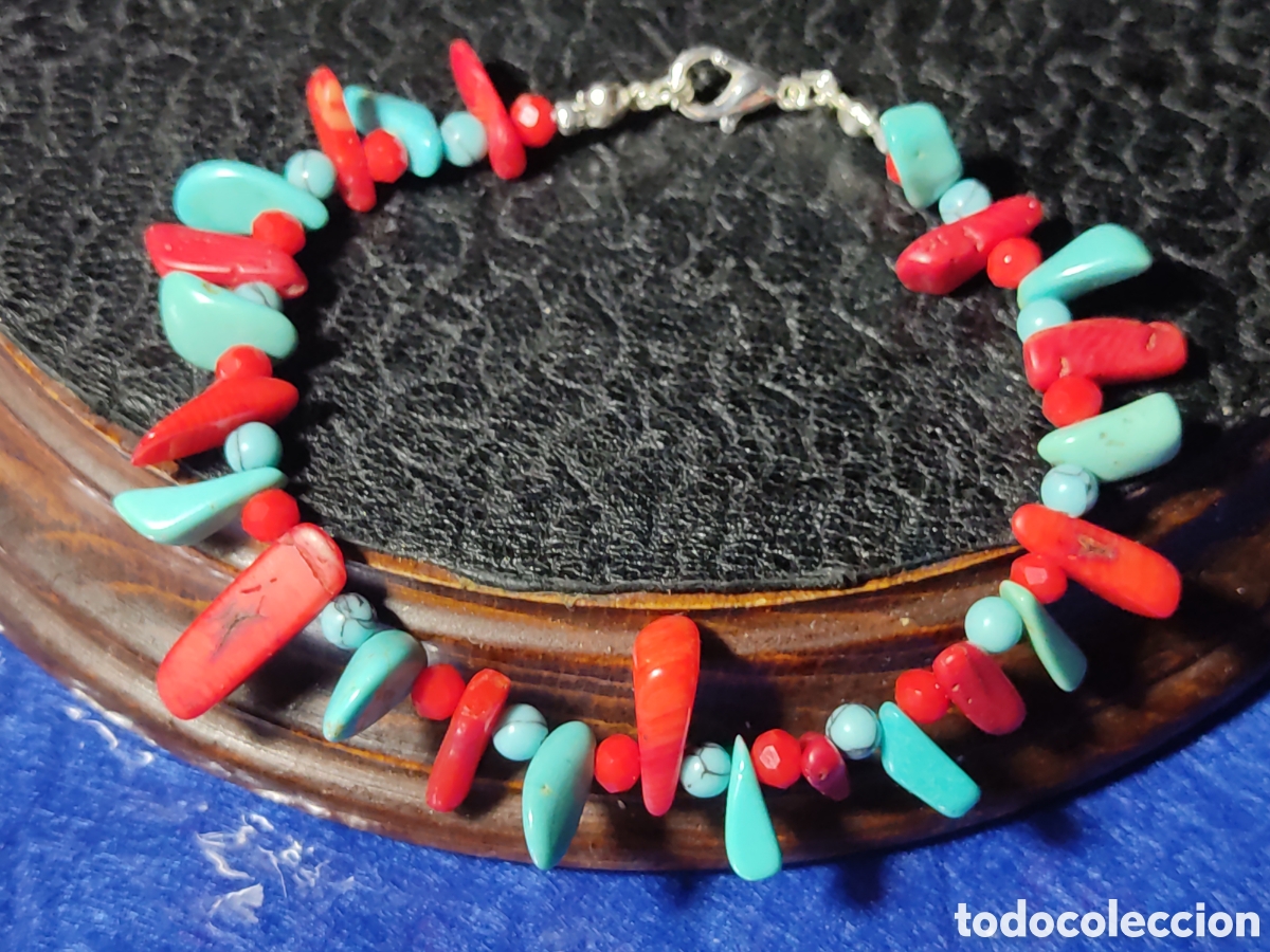 Joyeria: Pulsera de coral rojo y turquesa.Vintage. - Foto 4