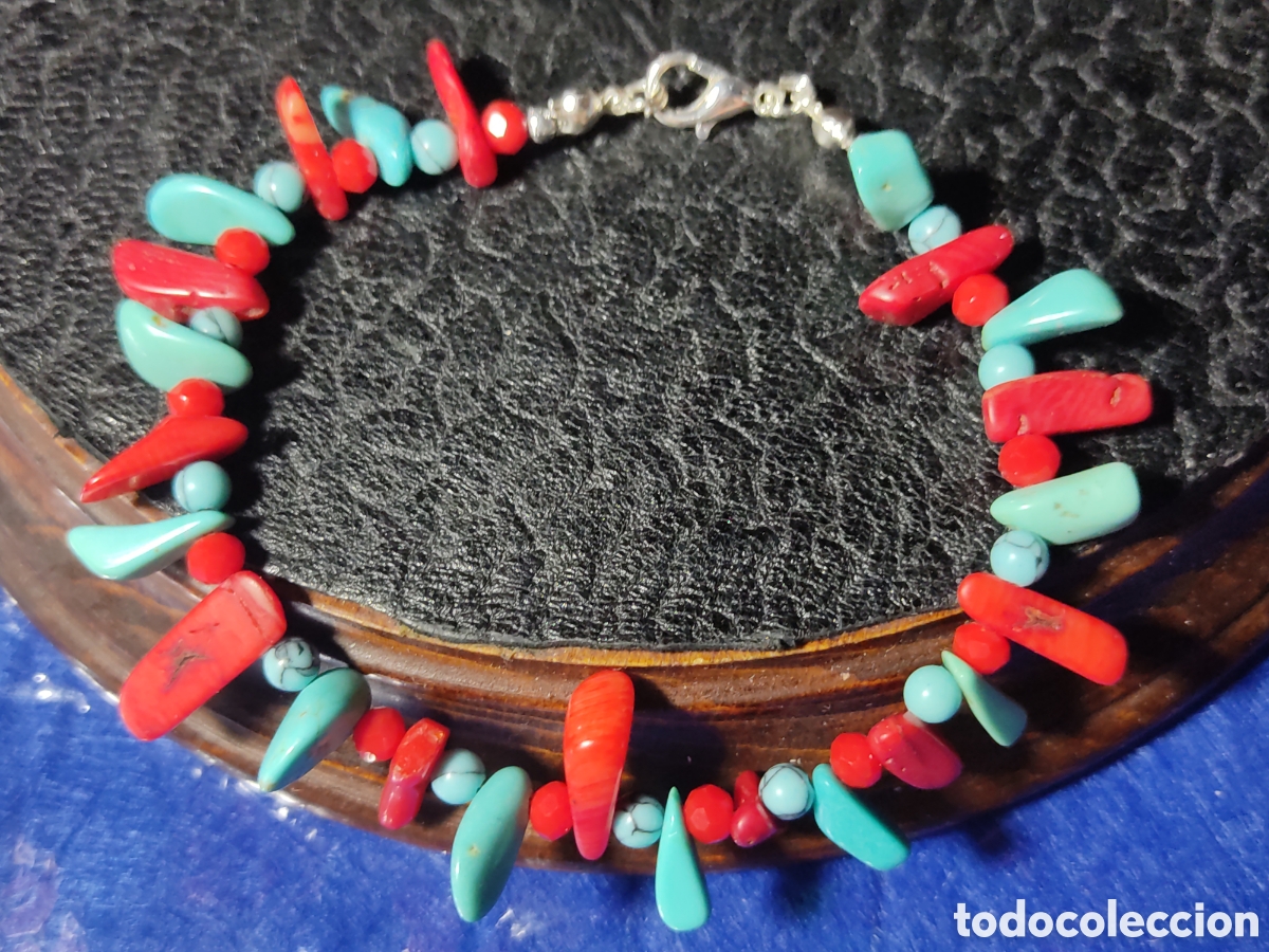 Joyeria: Pulsera de coral rojo y turquesa.Vintage. - Foto 5