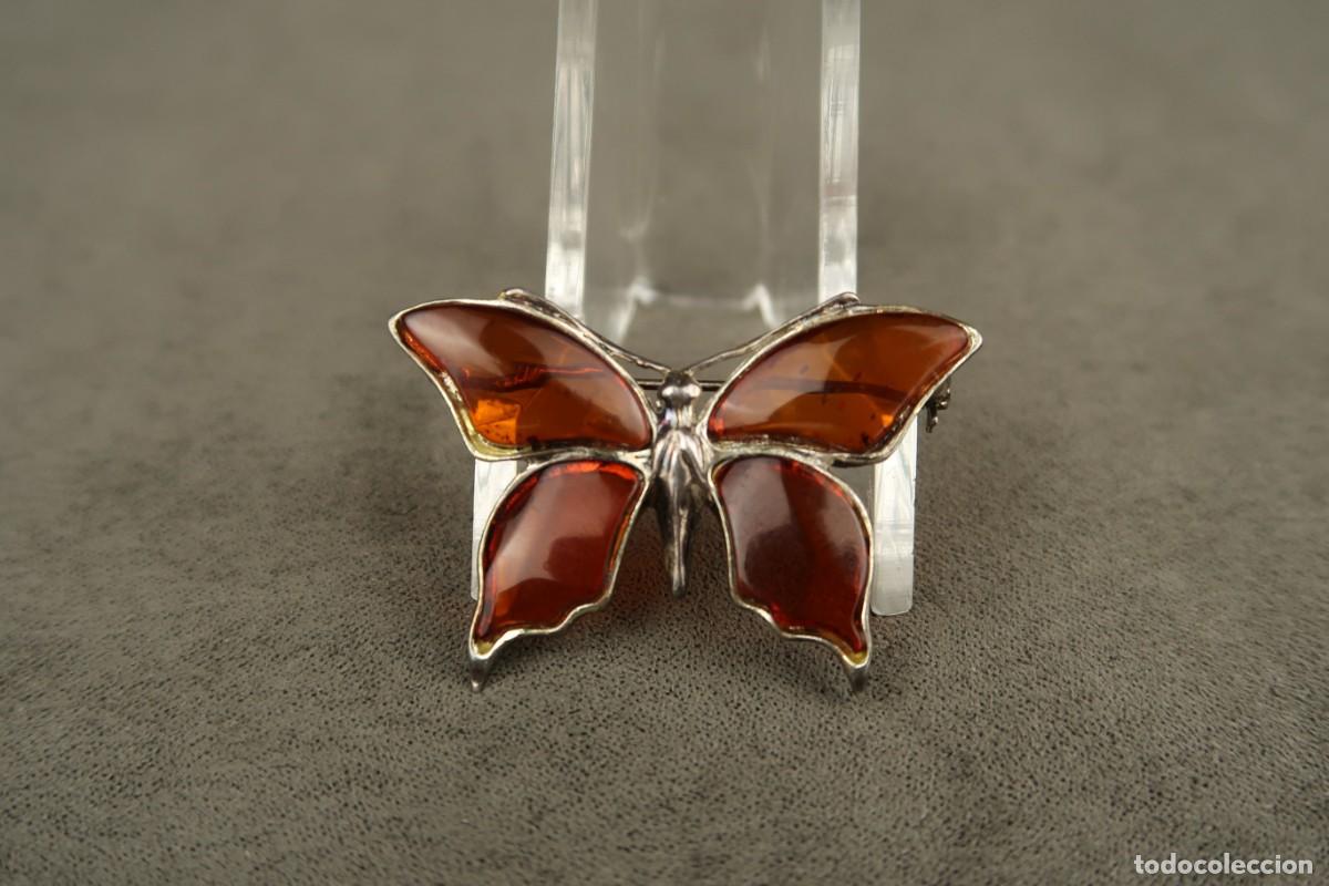 Joyeria: Antiguo Broche de Plata y &Aacute;mbar forma de Mariposa - Foto 2