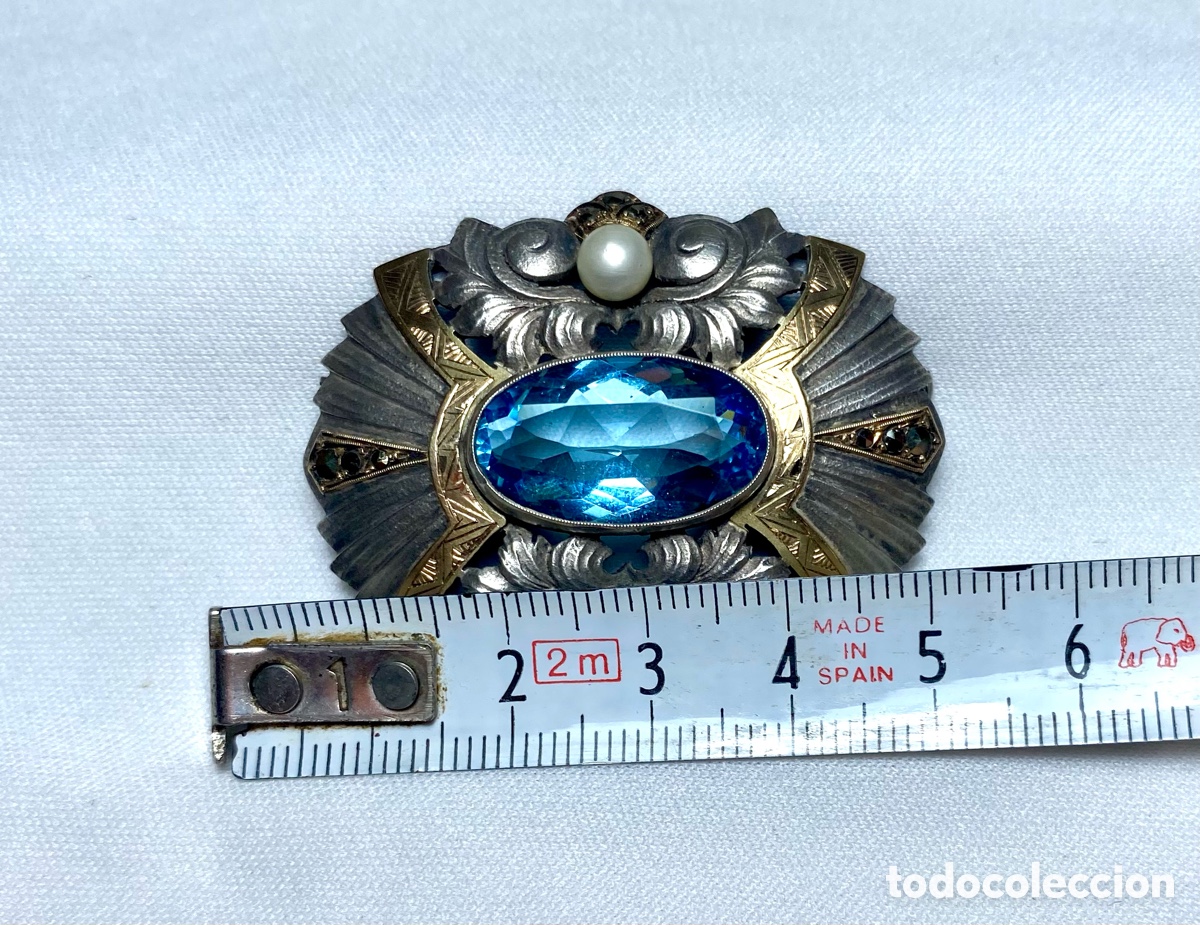 Joyeria: Broche Art Deco de plata detalles en oro y perlas - Foto 3