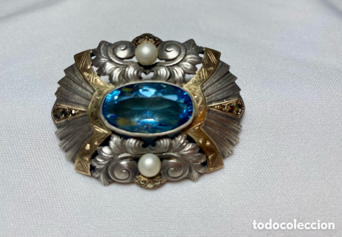 Joyeria: Broche Art Deco de plata detalles en oro y perlas - Foto 1