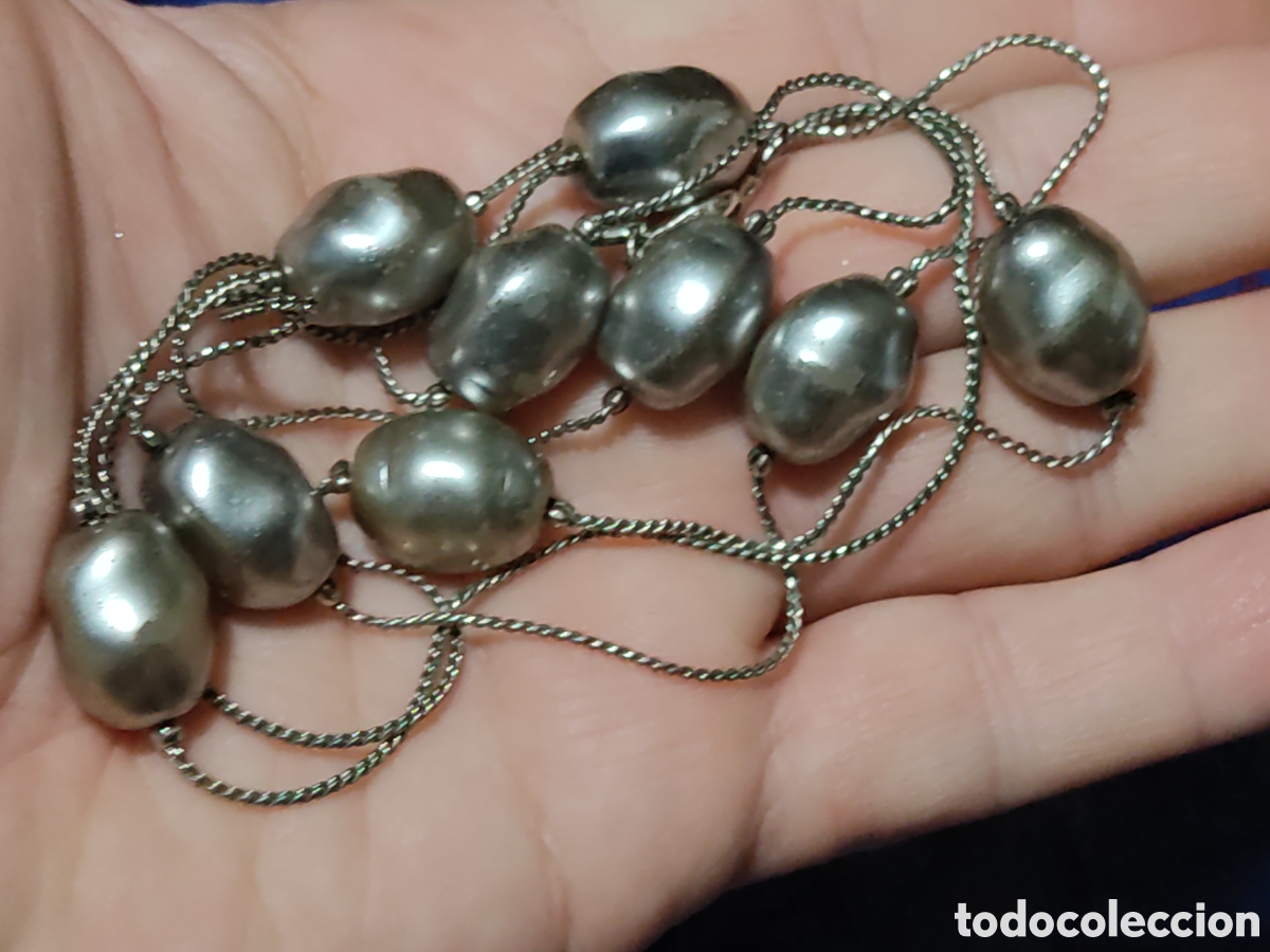 Joyeria: Collar largo con cadena y perlas plateadas.Vintage. - Foto 4