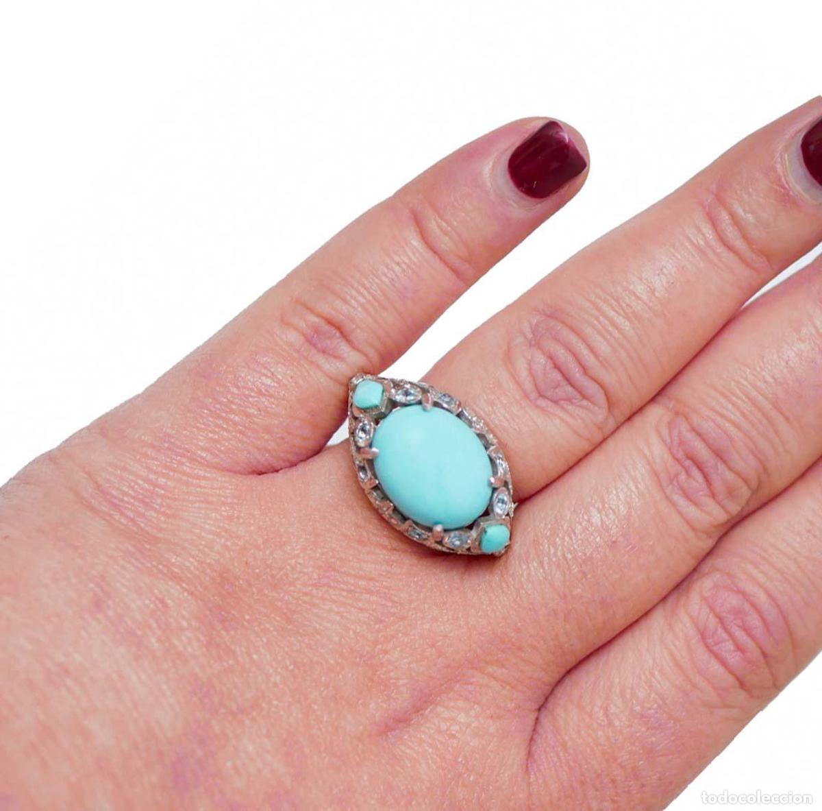 Joyeria: Anillo de turquesa, topacio, diamantes, oro rosa y plata - Foto 3