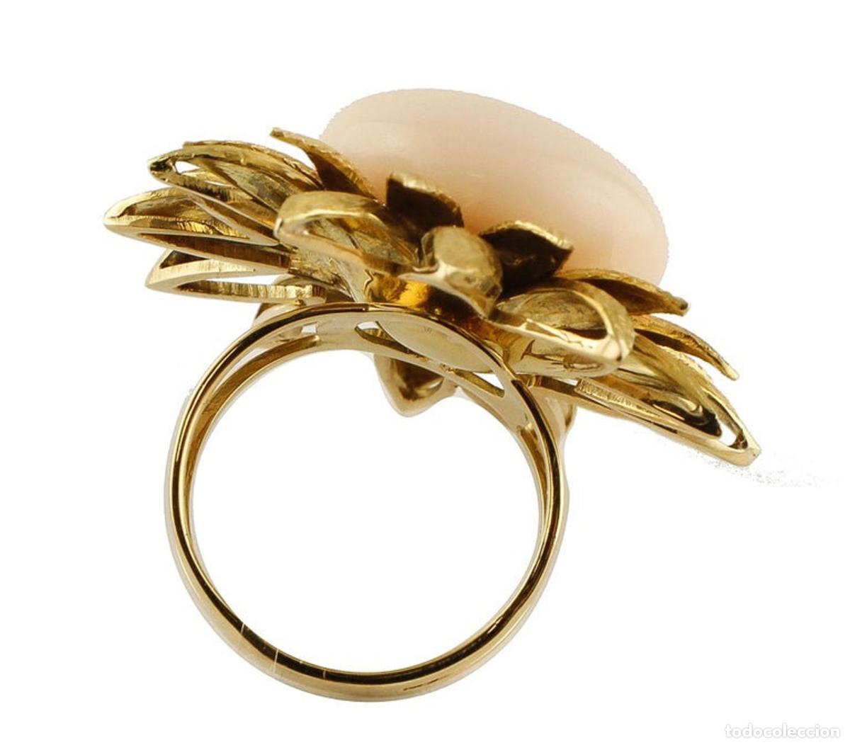 Joyeria: Anillo de moda con forma de flor de oro amarillo y bot&oacute;n de coral rosa - Foto 5