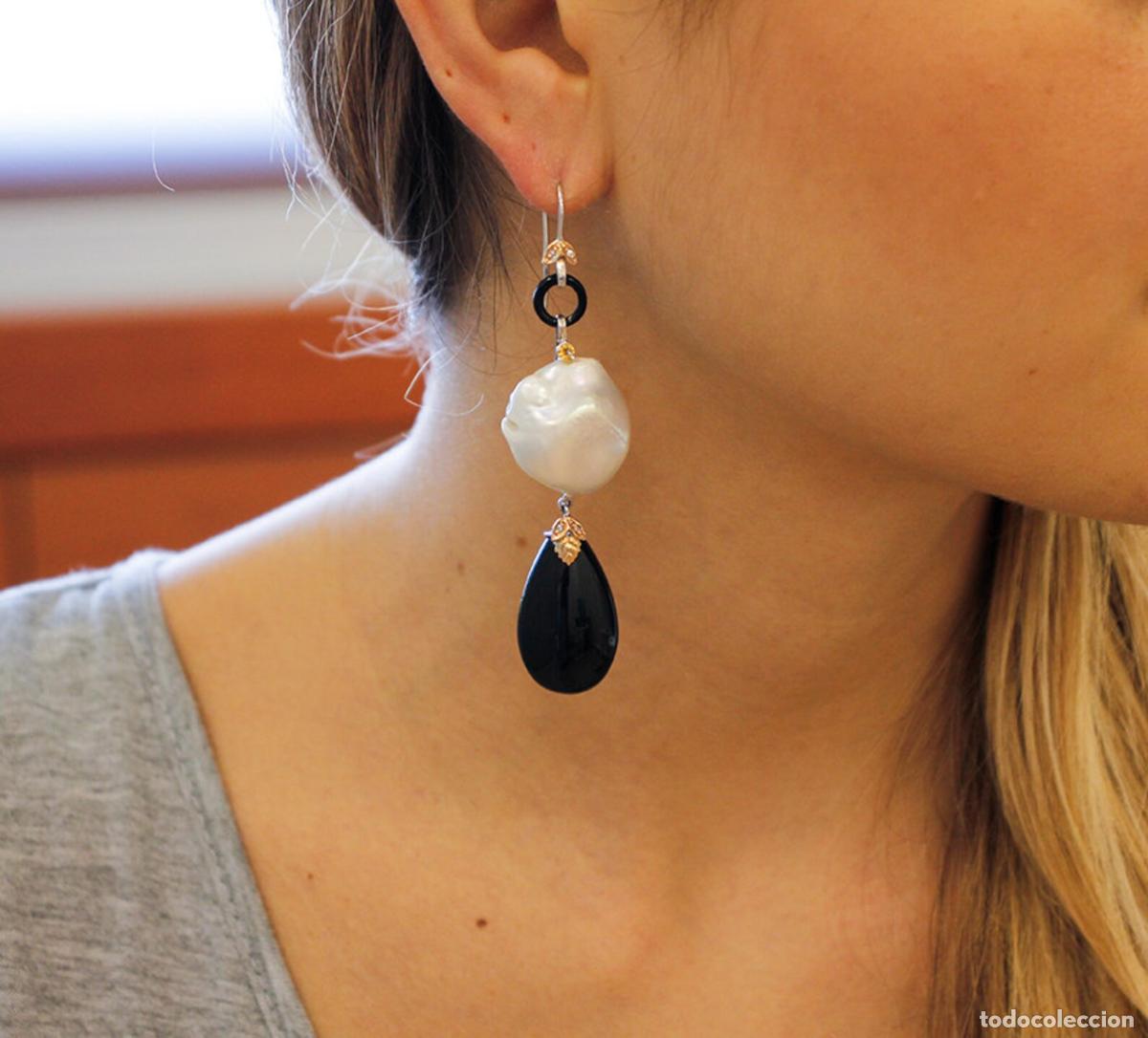 Joyeria: Pendientes colgantes con gotas de &oacute;nix y perlas barrocas - Foto 3