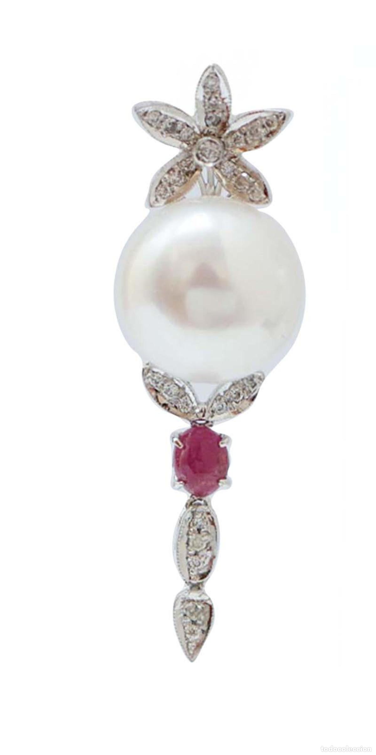 Joyeria: Pendientes de platino con perlas, rub&iacute;es y diamantes - Foto 5