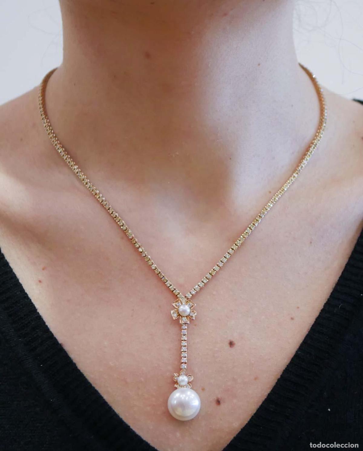 Joyeria: Collar de tenis de perlas, diamantes y oro rosa - Foto 3