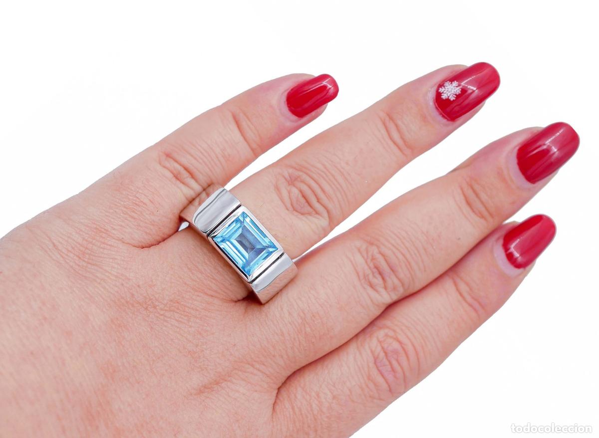 Joyeria: Anillo de oro blanco de 18 quilates con topacio azul - Foto 7
