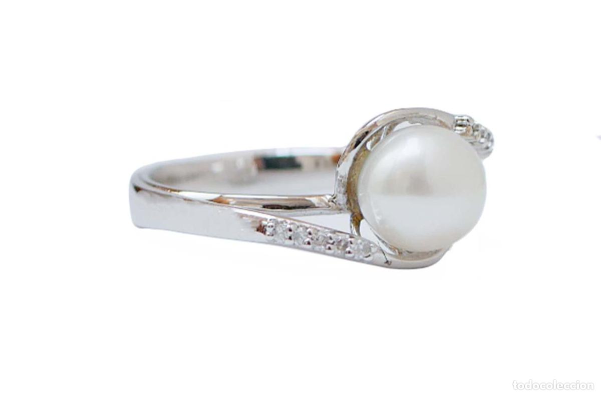 Joyeria: Anillo de oro blanco de 18 quilates con perla y diamantes - Foto 2