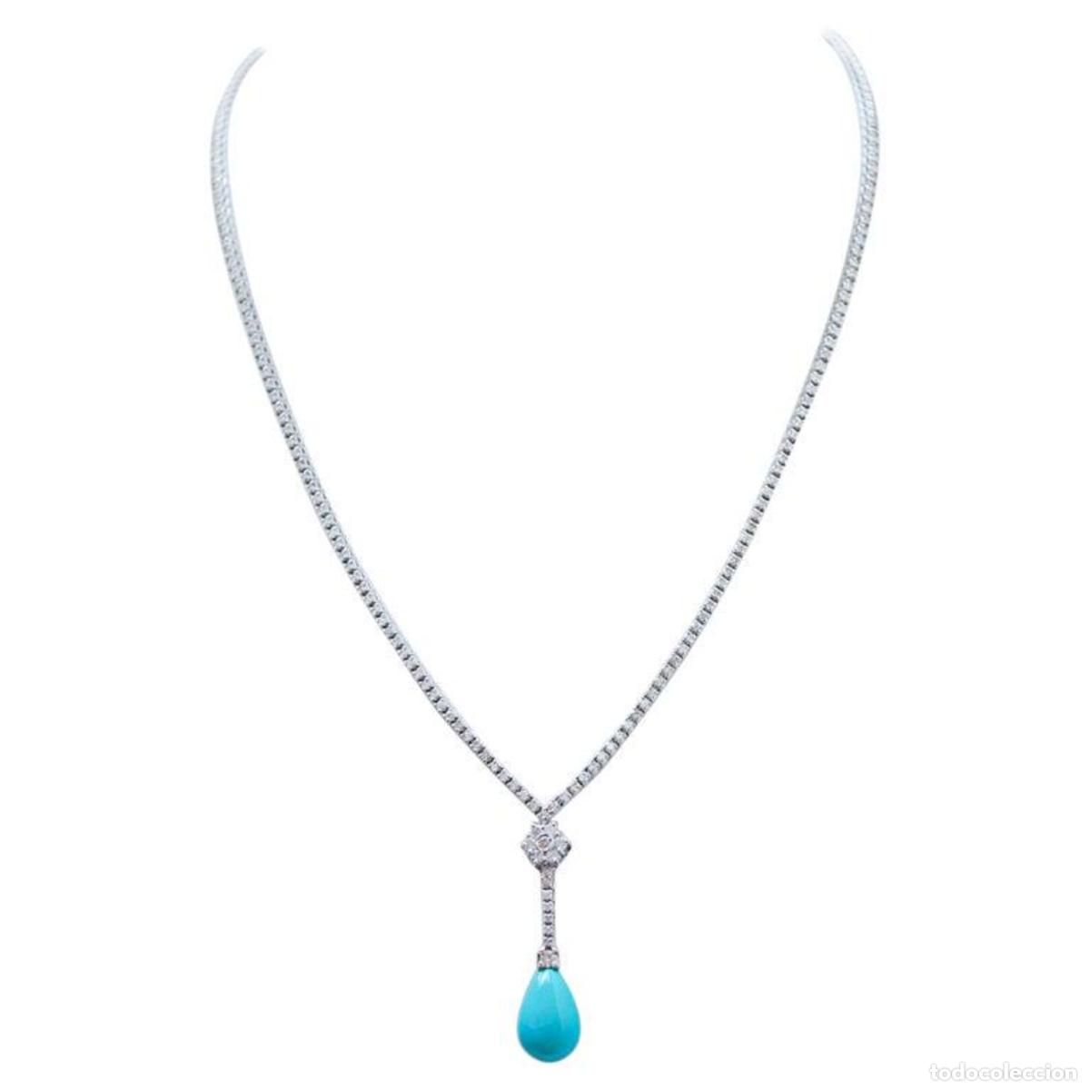 Joyeria: Collar de tenis de oro blanco, turquesa y diamantes - Foto 1