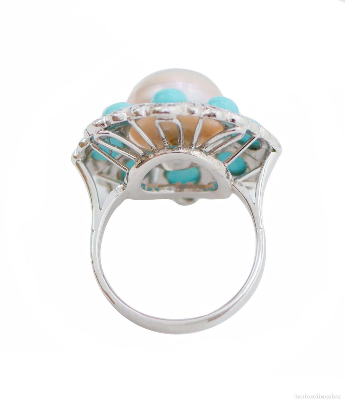 Joyeria: Anillo de perla, turquesa, diamantes y platino - Foto 2