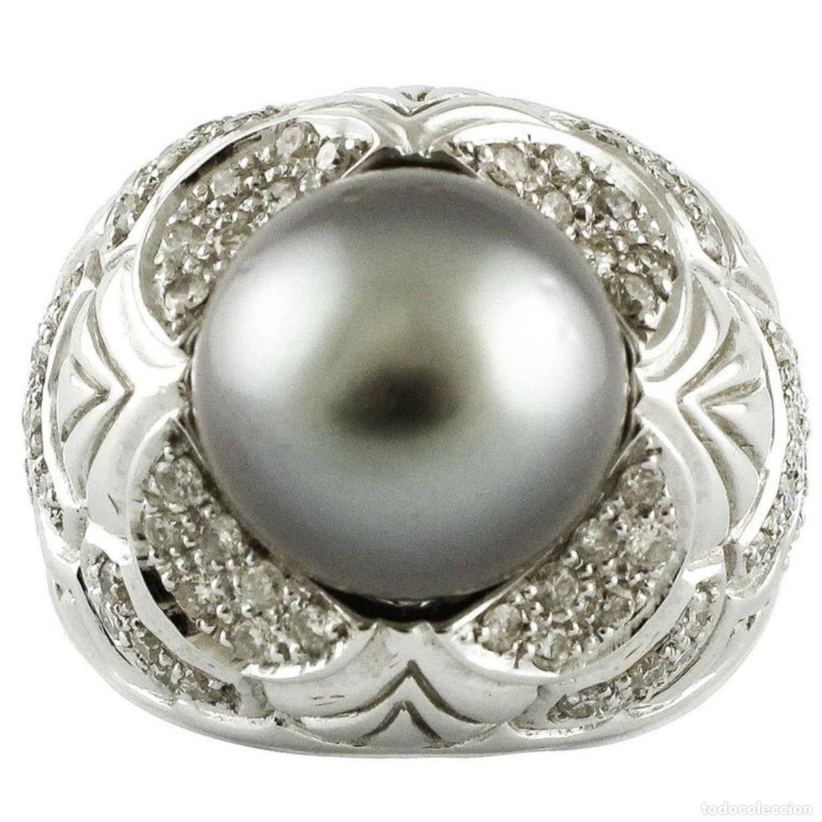 Joyeria: Anillo de oro blanco con perla gris y diamantes - Foto 1