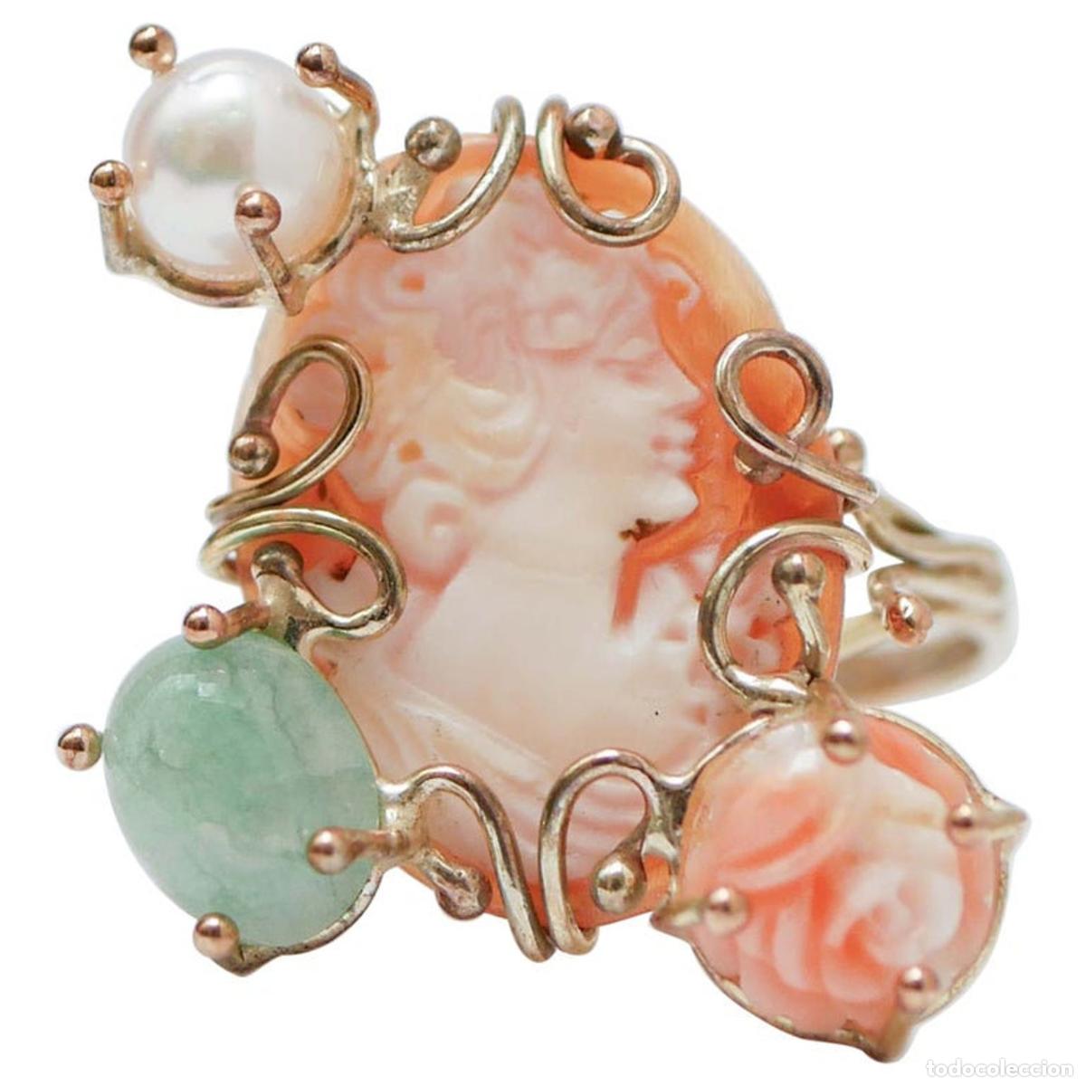 Joyeria: Anillo de oro rosa con camafeo, perla y piedras - Foto 1