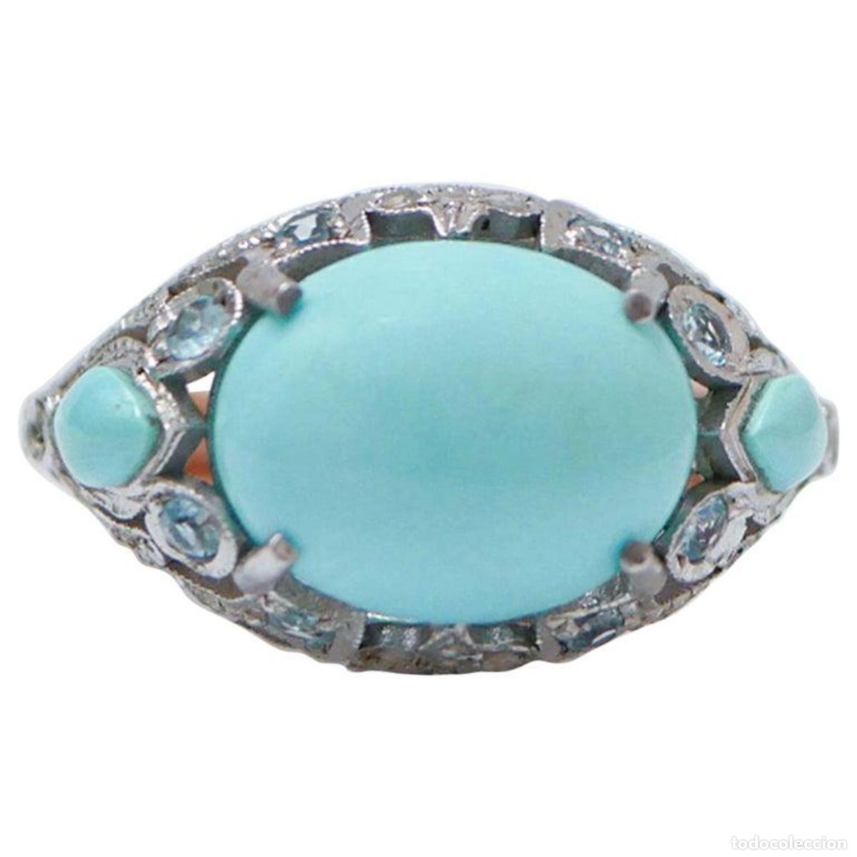 Joyeria: Anillo de turquesa, topacio, diamantes, oro rosa y plata - Foto 1