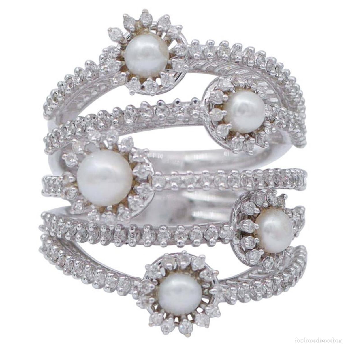 Joyeria: Anillo de oro blanco de 18 quilates con diamantes y perlas - Foto 1