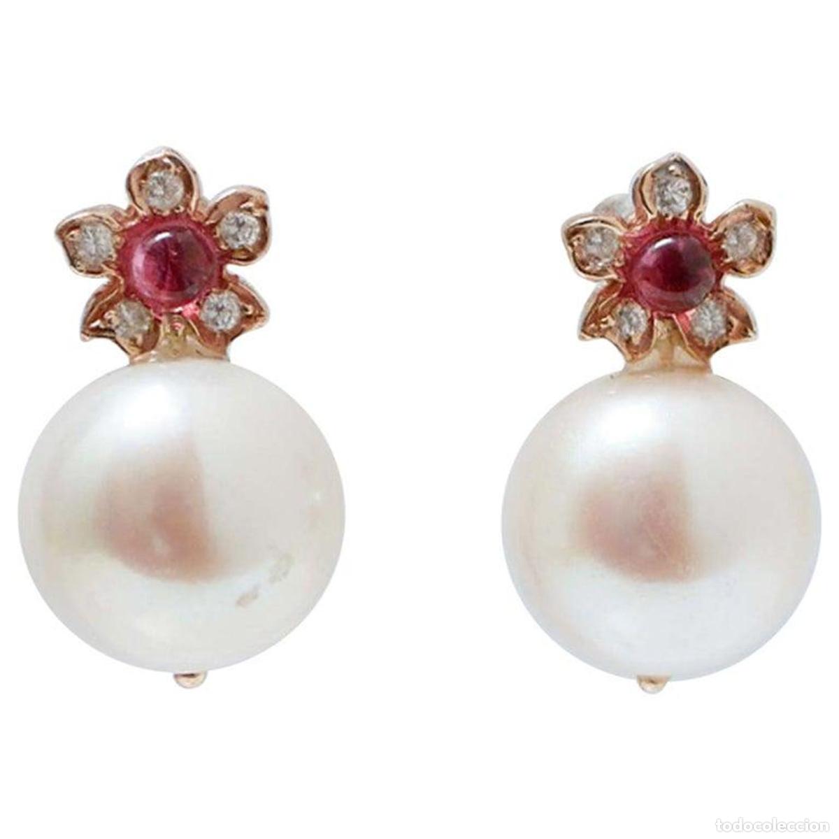 Joyeria: Pendientes de perlas, rub&iacute;es, diamantes y oro rosa - Foto 1