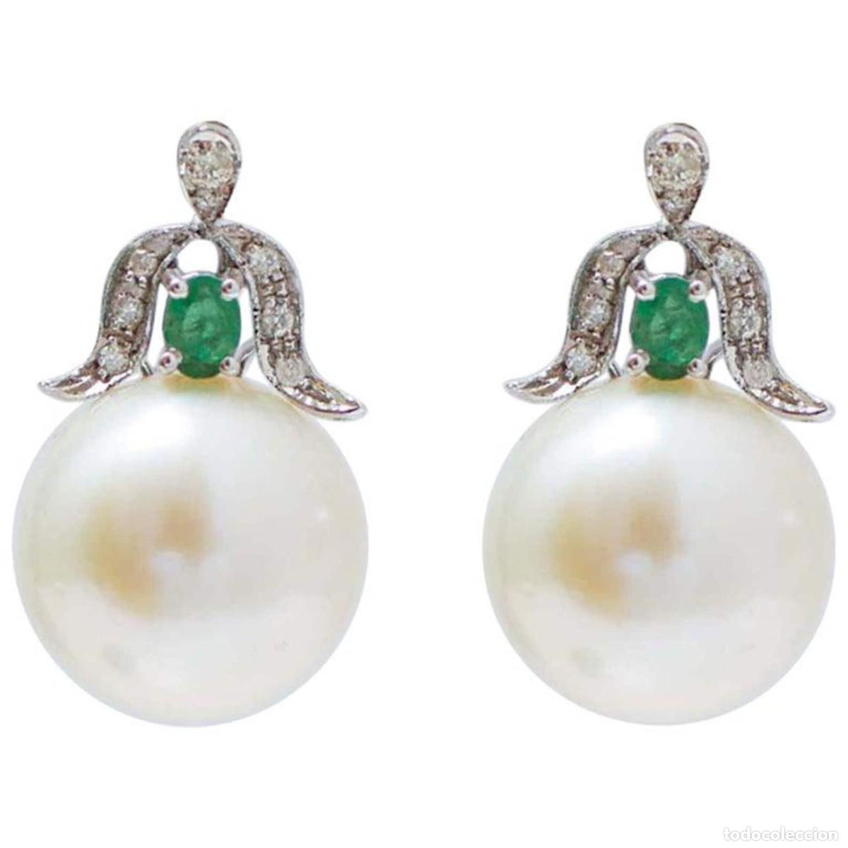 Joyeria: Pendientes de perlas, esmeraldas y diamantes en oro blanco - Foto 1