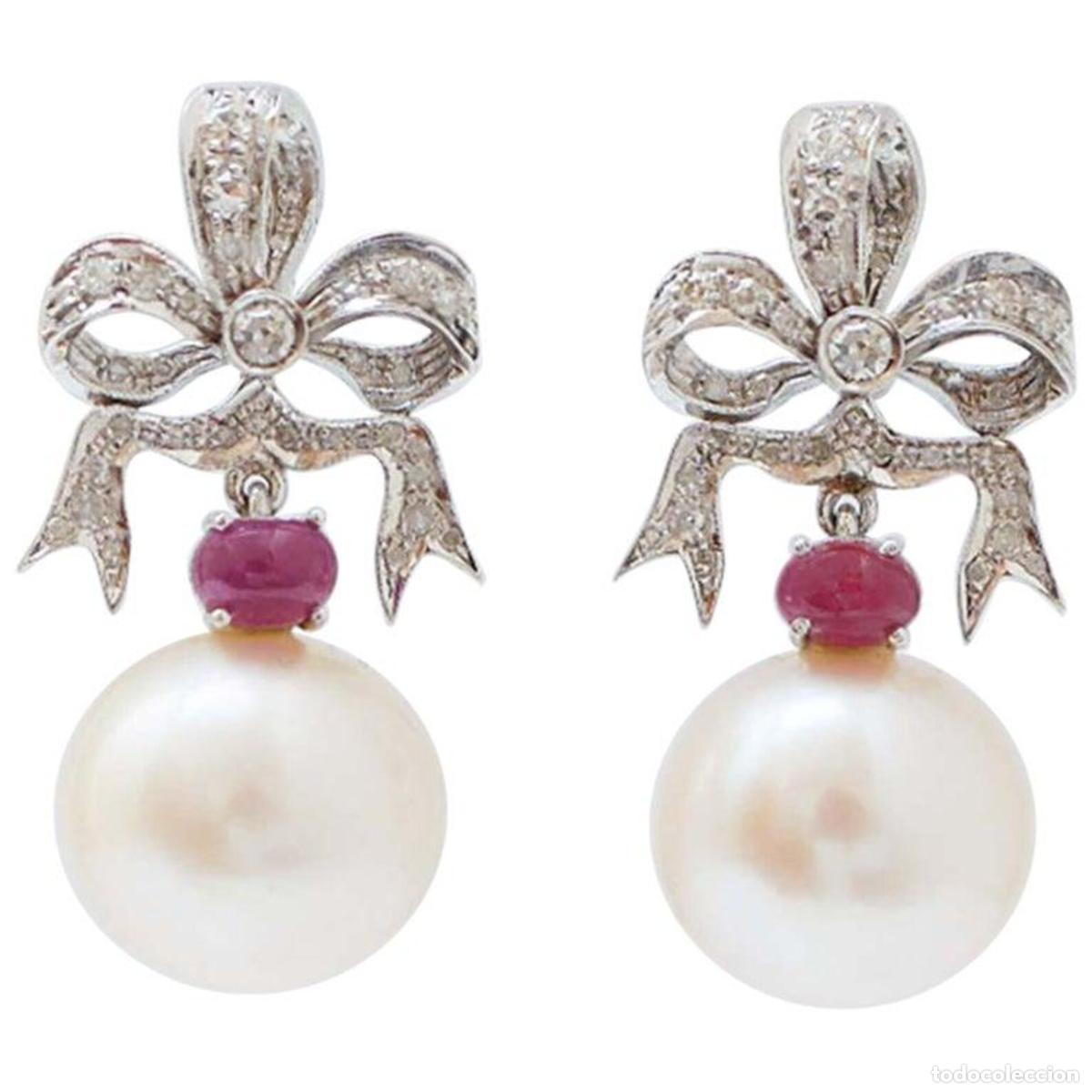 Joyeria: Pendientes de perlas, rub&iacute;es, diamantes y oro blanco - Foto 1