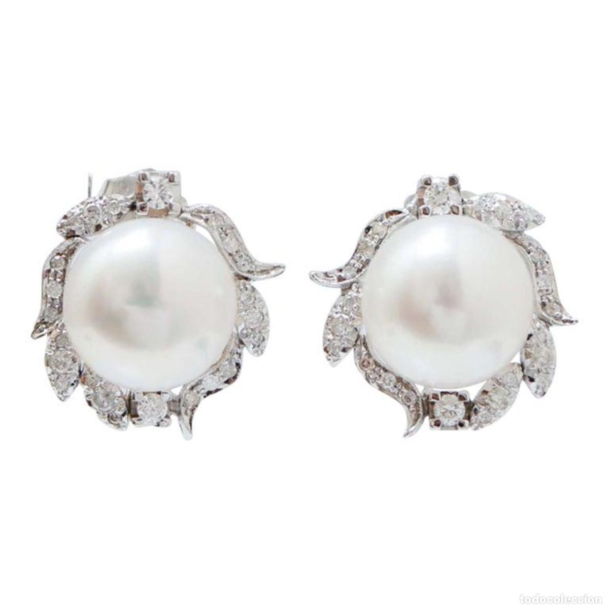 Joyeria: Pendientes de perlas blancas, diamantes y oro blanco - Foto 1