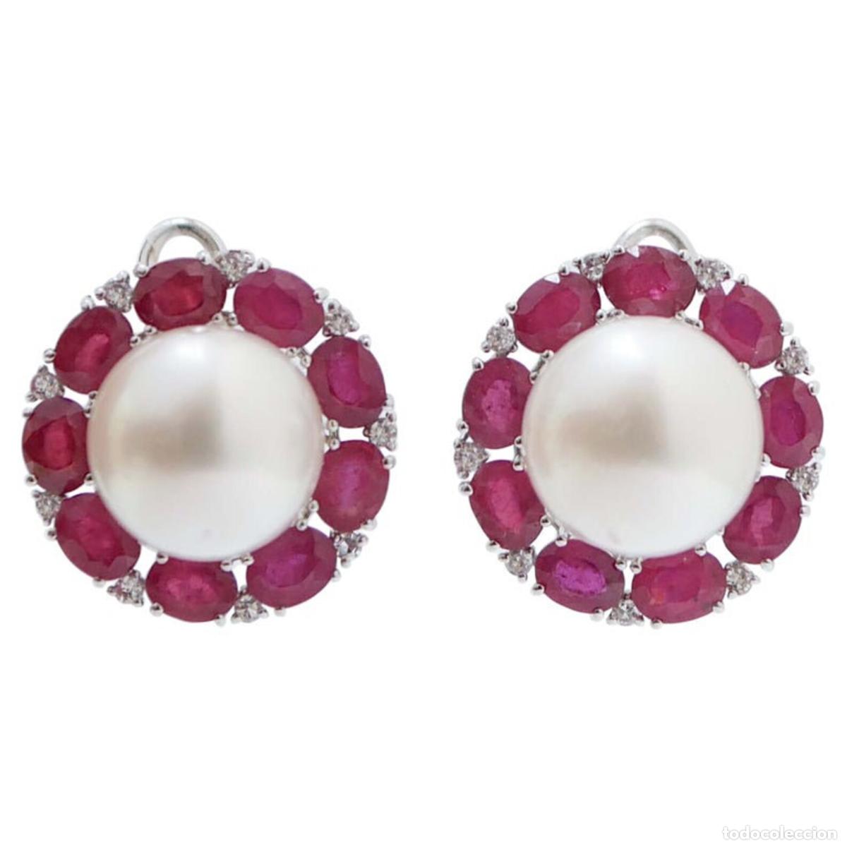 Joyeria: Pendientes de oro blanco con perlas de los mares del Sur, rub&iacute;es y diamantes - Foto 1