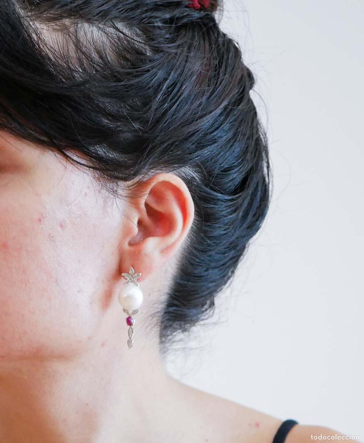 Joyeria: Pendientes de platino con perlas, rub&iacute;es y diamantes - Foto 7