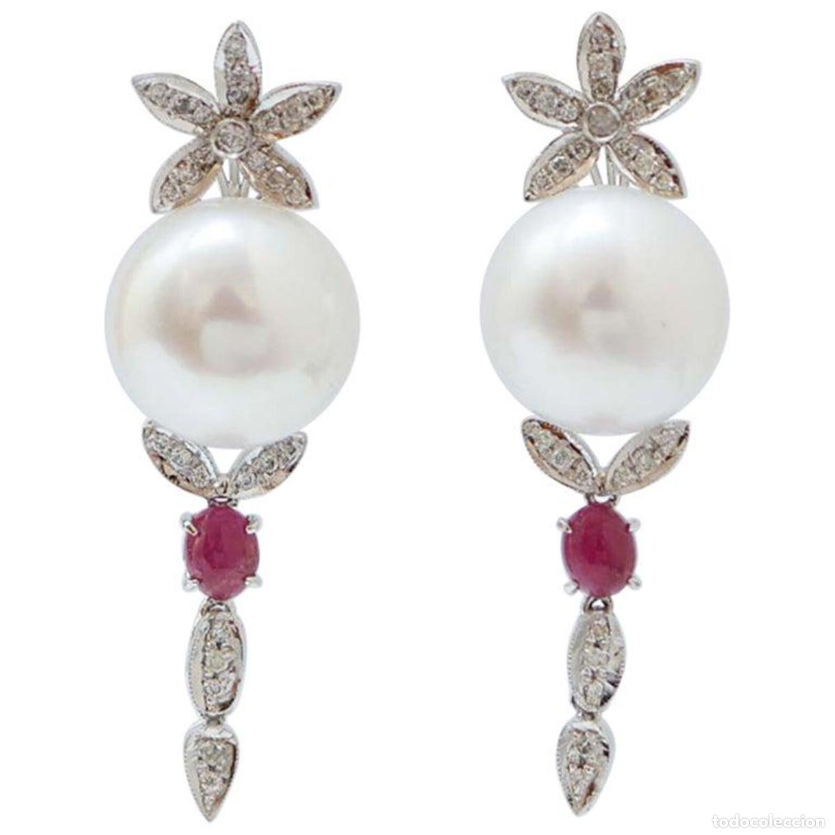 Joyeria: Pendientes de platino con perlas, rub&iacute;es y diamantes - Foto 1