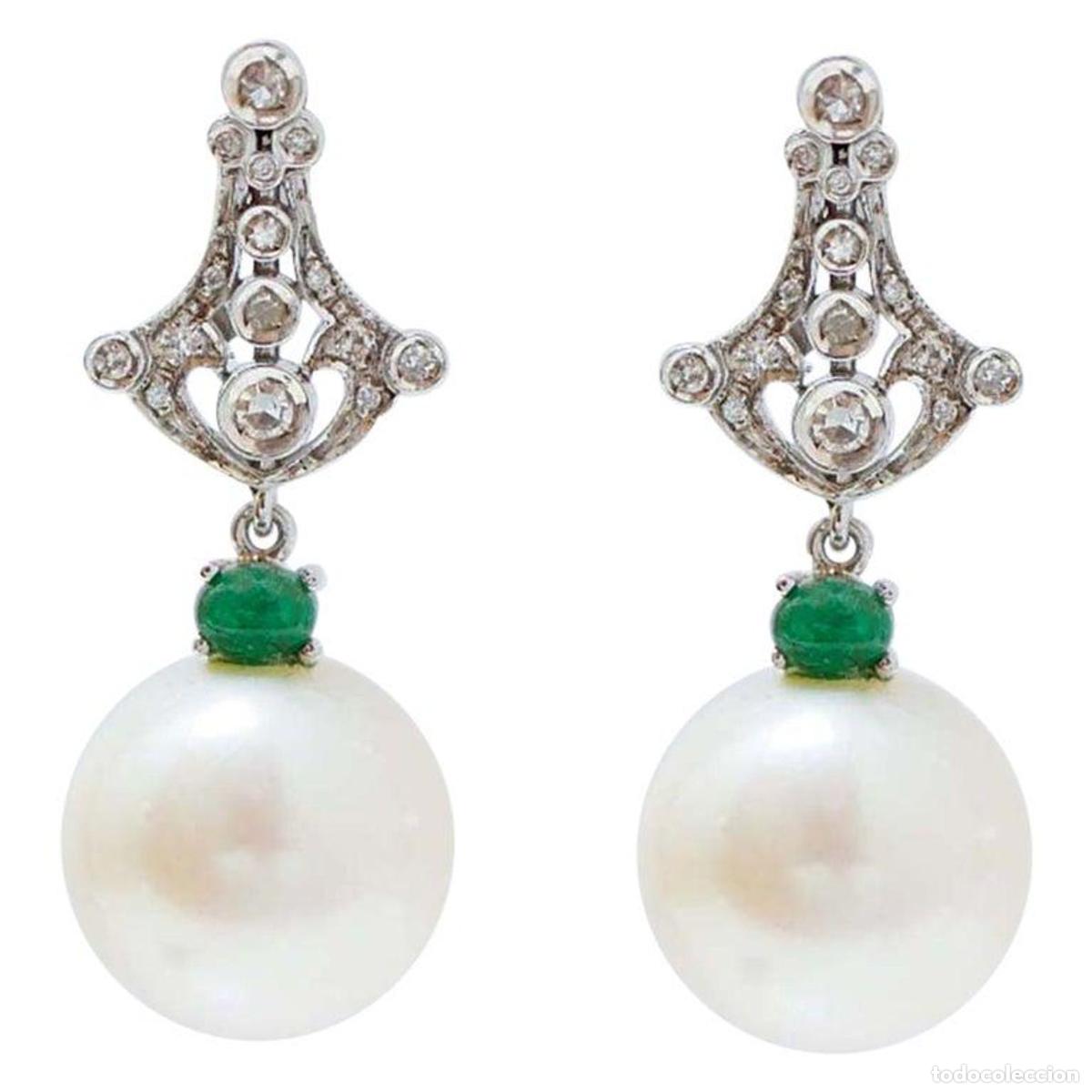 Joyeria: Pendientes de perlas, diamantes, esmeraldas y oro blanco - Foto 1